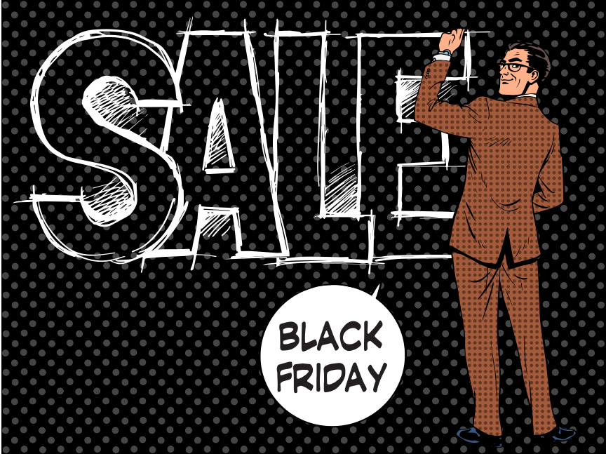  man in suit writing black friday sale on chalk board