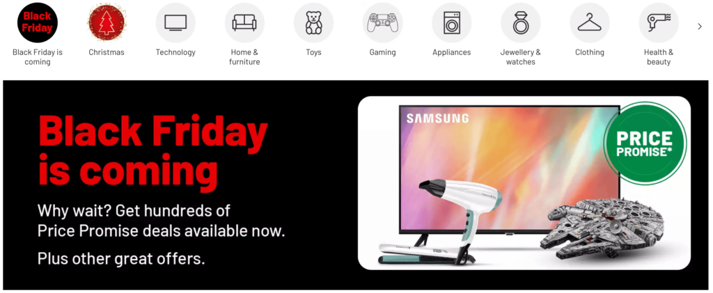 Black friday website header from Argos