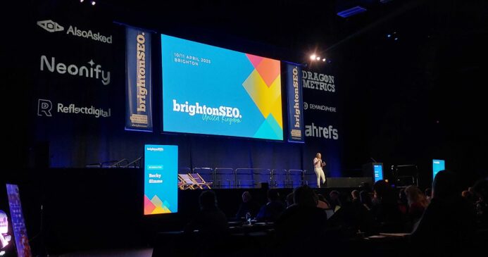 A BrightonSEO talk introductory slides on the big screen